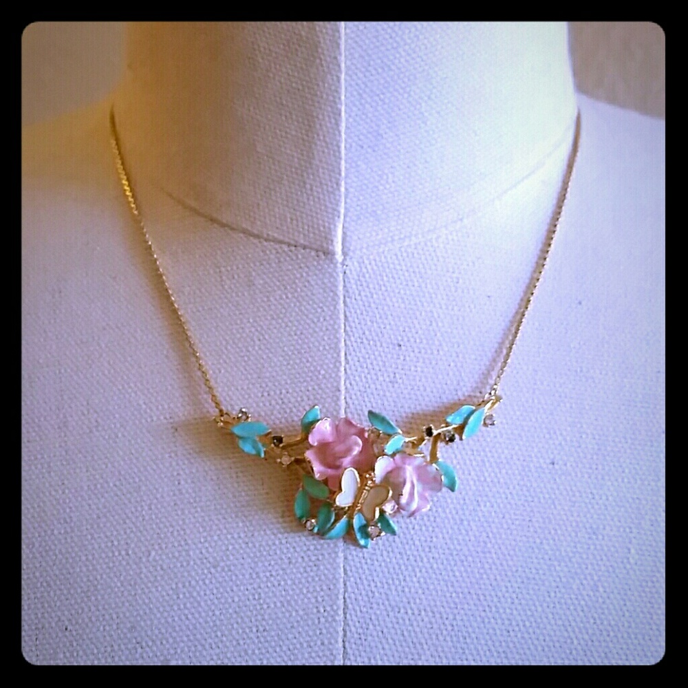 VINTAGE floral pastel necklace butterflies and rinestones